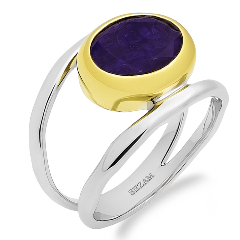 Pierścionek metaloplastyka z brassem wysadzany naturalnym Lapis Lazuli