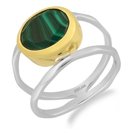 Pierścionek metaloplastyka z brassem wysadzany naturalnym Malachitem