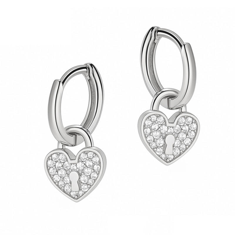 Kolczyki srebrne kółka z kłódką z cyrkoniami