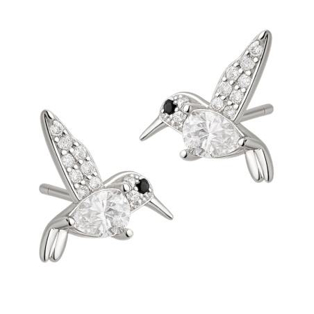 Kolczyki srebrne z kolibrem z cyrkonii koloru białego