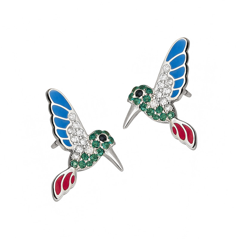 Kolczyki srebrne koliber z kolorowymi cyrkoniami