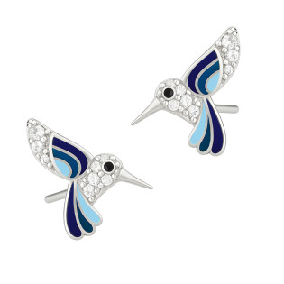 Kolczyki srebrne koliber z cyrkoniami i niebieską emalią