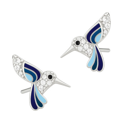 Kolczyki srebrne koliber z cyrkoniami i niebieską emalią