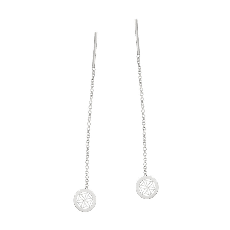 Kolczyki srebrne z ażurowym kwiatem przeciąganym na łańcuszku rolo