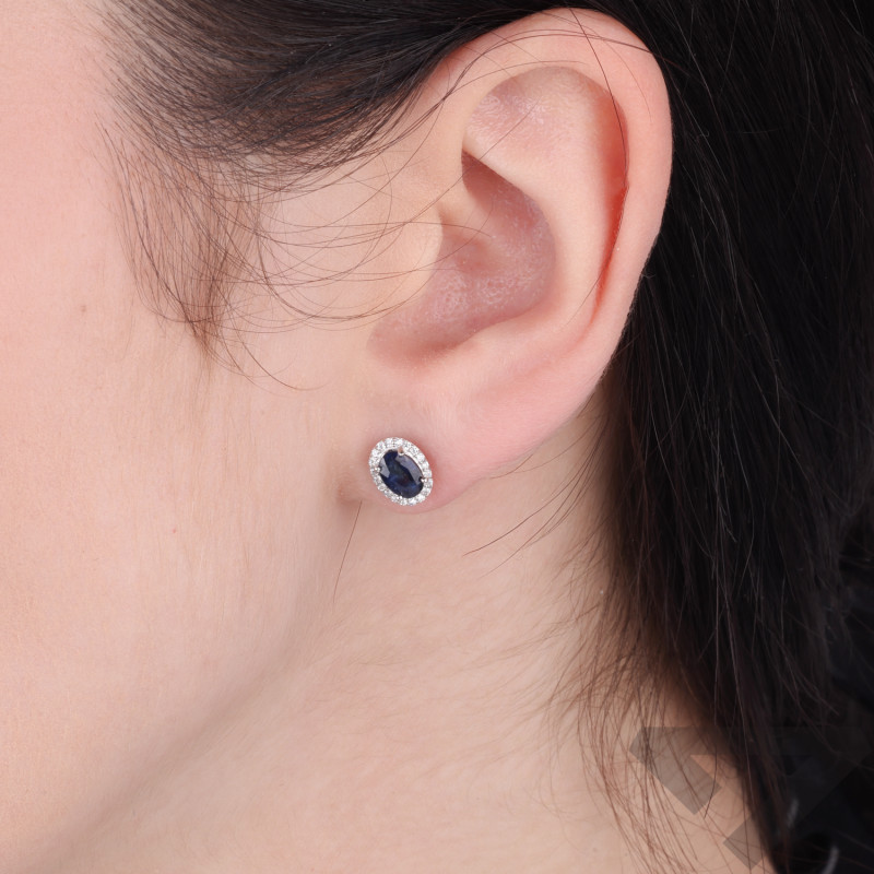 Kolczyki srebrne owalna markiza z cyrkoniami i szafirem