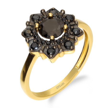 Pierścionek złoty markiza kwiat z czarnymi cyrkoniami próba 585