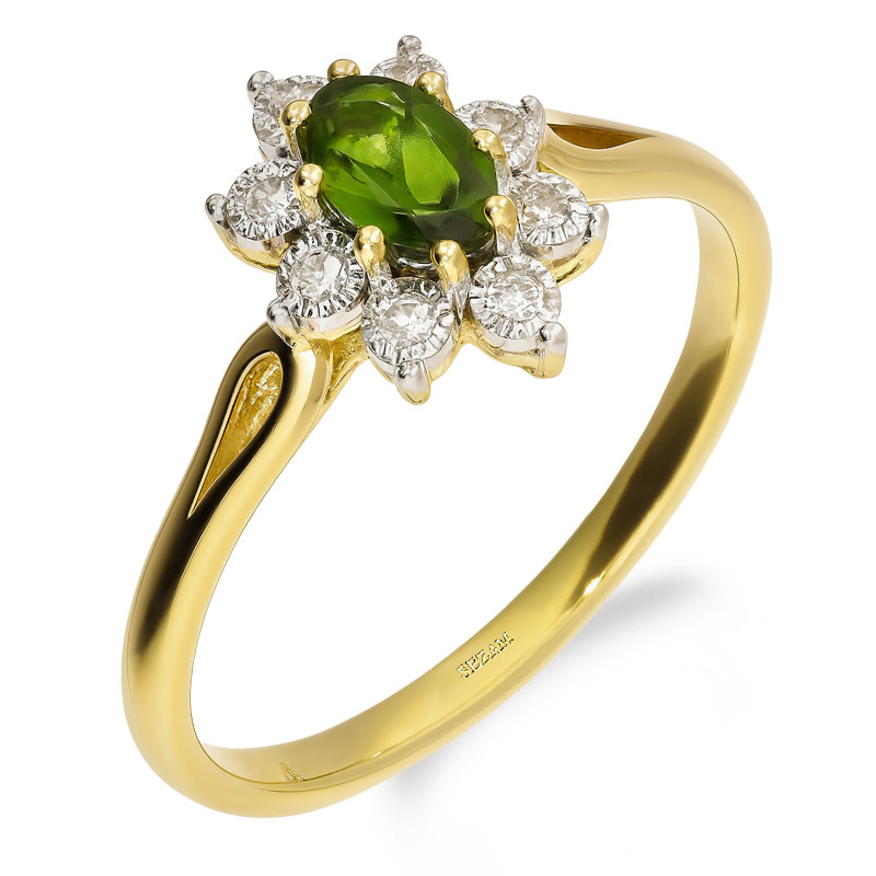 Pierścionek zaręczynowy z diopsydem i diamentami