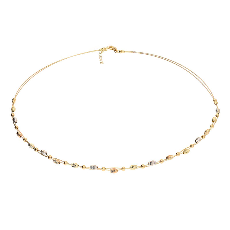 Naszyjnik złoty grawerowane fasolki w trzech kolorach próba 585