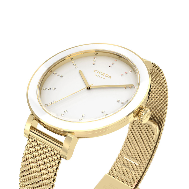 Cicada Milano złoty damski zegarek z białą tarczą mesh G36G06.W2