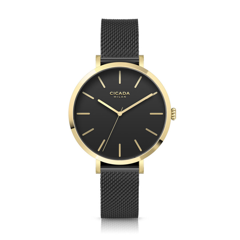 Cicada Milano złoty zegarek z czarną tarczą na pasku mesh G38B06.BG