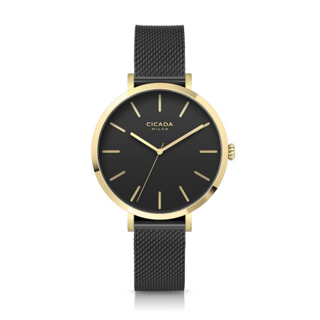 Cicada Milano złoty zegarek z czarną tarczą na pasku mesh G38B06.BG