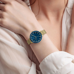 Cicada Milano złoty damski zegarek, granatowa tarcza, mesh G36G06.N2