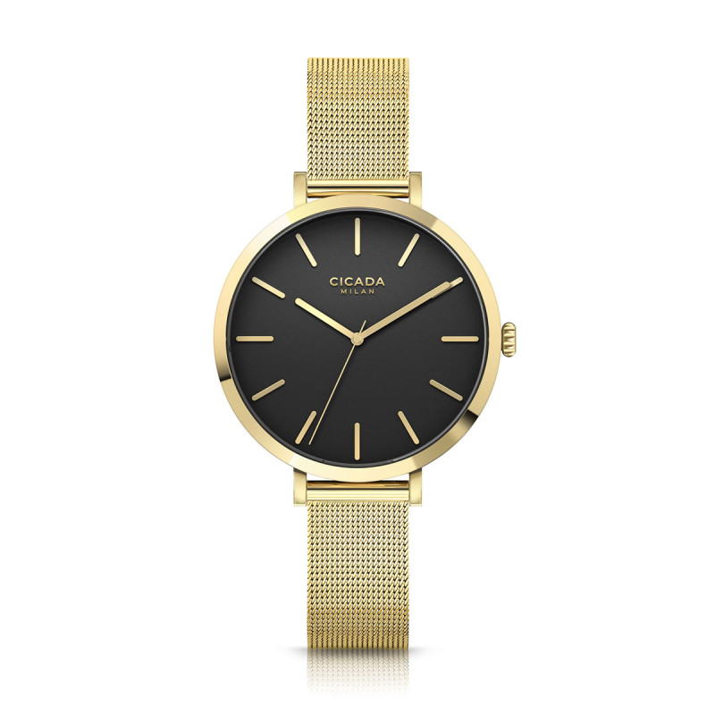 Cicada Milano – damski zegarek złoty, czarna tarcza, mesh