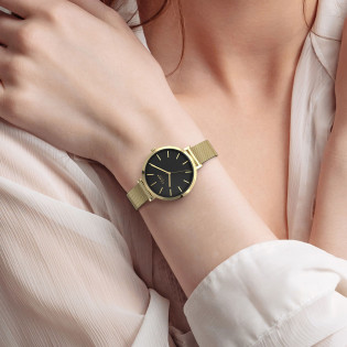 Cicada Milano – damski zegarek złoty, czarna tarcza, mesh