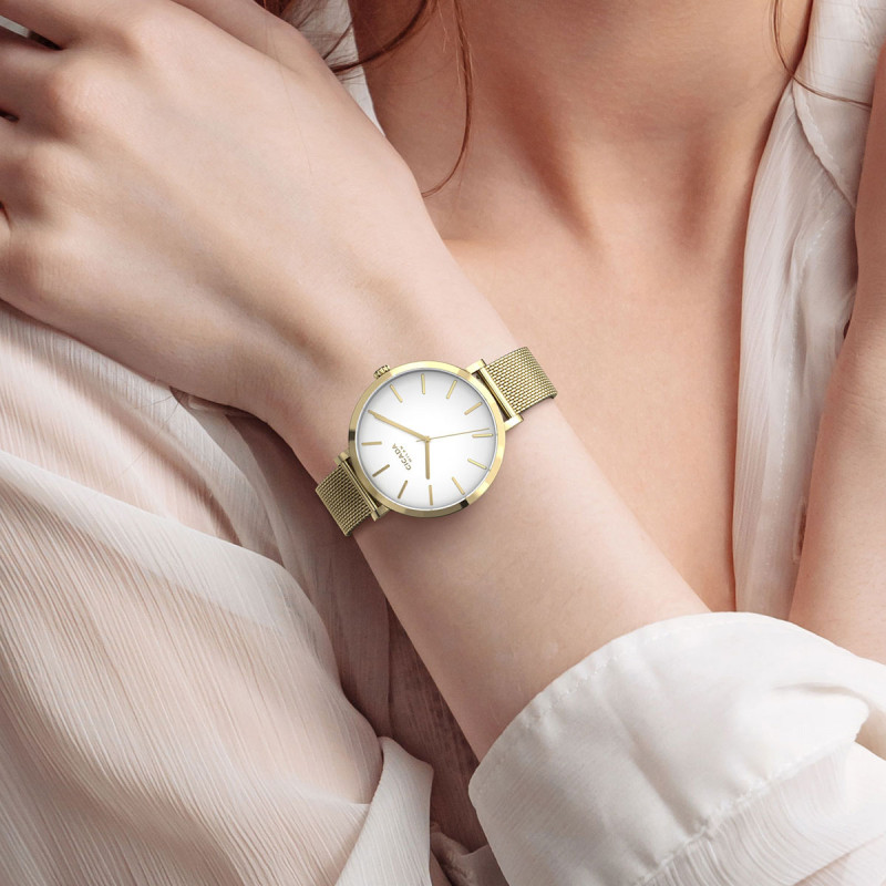 Cicada Milano złoty zegarek damski z białą tarczą mesh G38G06.WG