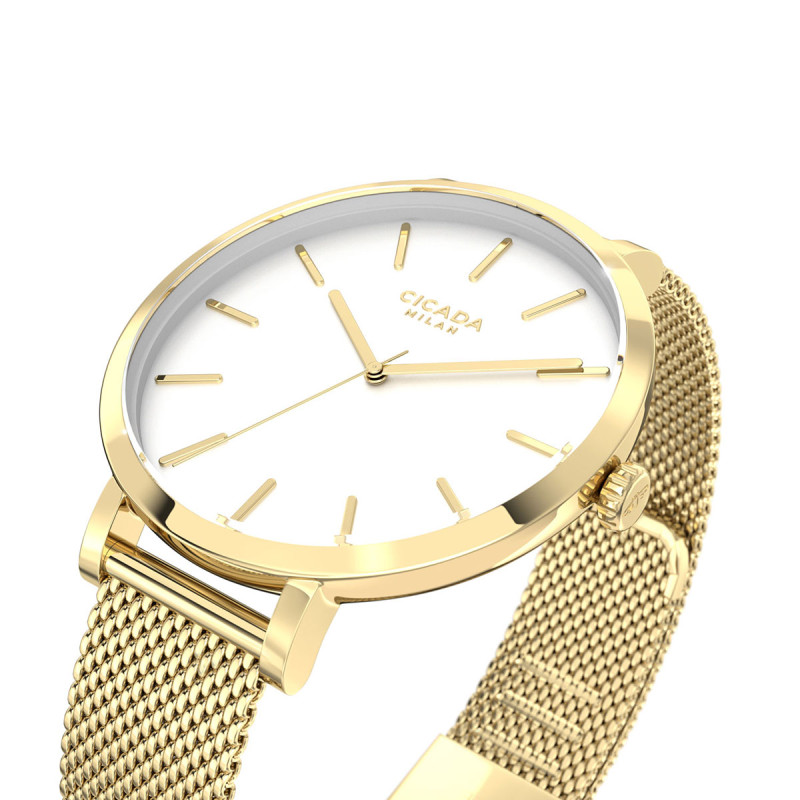 Cicada Milano złoty zegarek damski z białą tarczą mesh G38G06.WG