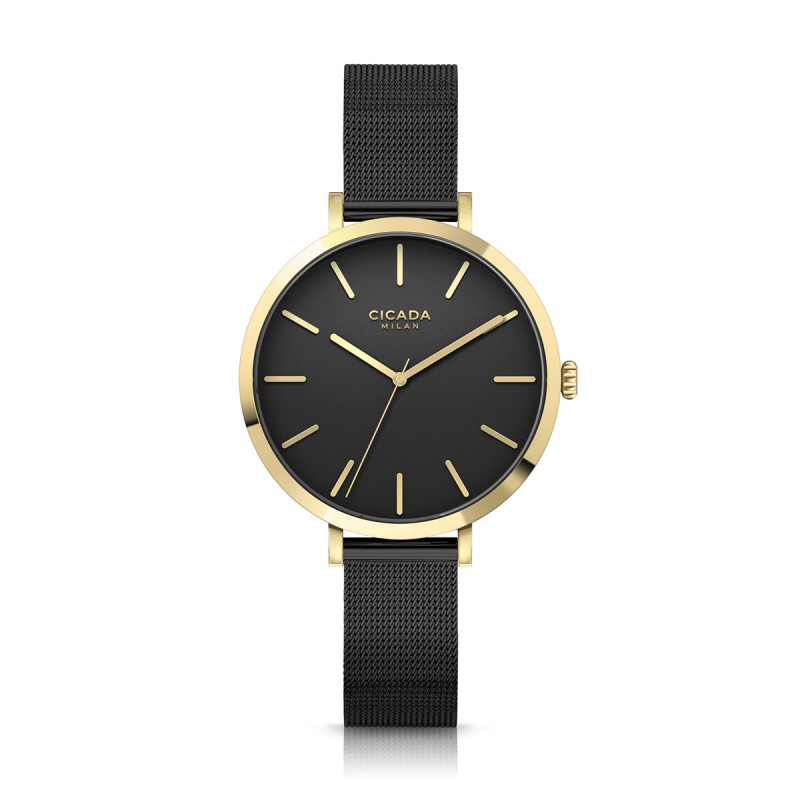 Cicada Milano złoty damski zegarek z czarną tarczą mesh G34B04.BG