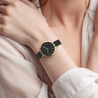 Cicada Milano złoty damski zegarek z czarną tarczą mesh G34B04.BG