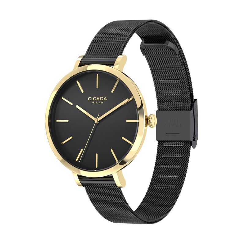 Cicada Milano złoty damski zegarek z czarną tarczą mesh G34B04.BG