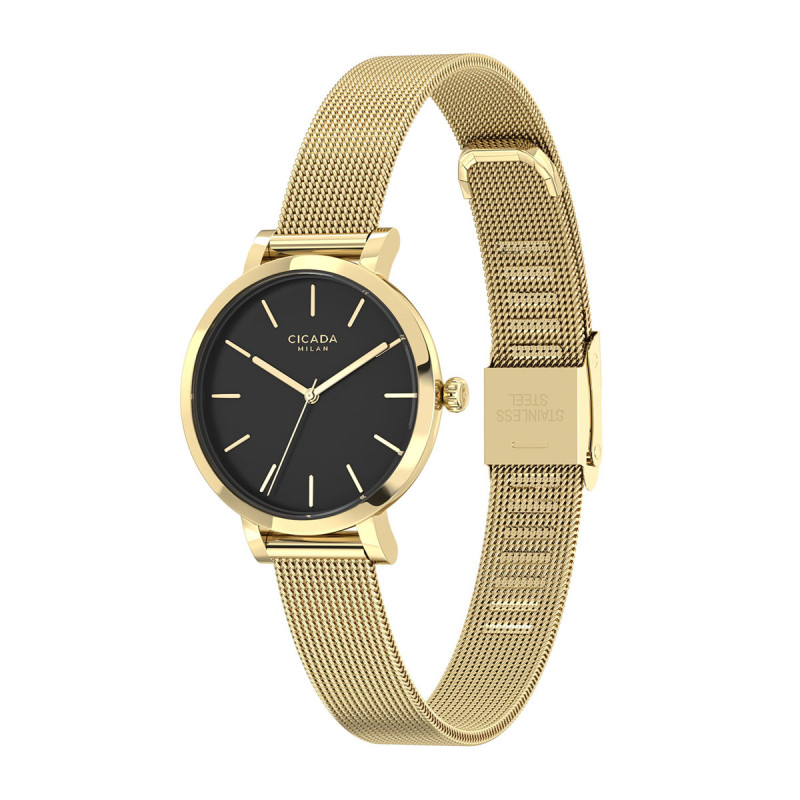 Cicada Milano złoty zegarek damski, czarna tarcza mesh G26G04.BG
