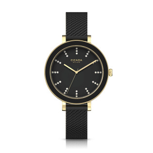Cicada Milano złoty damski zegarek z kryształkami, czarny mesh G36B06.B2