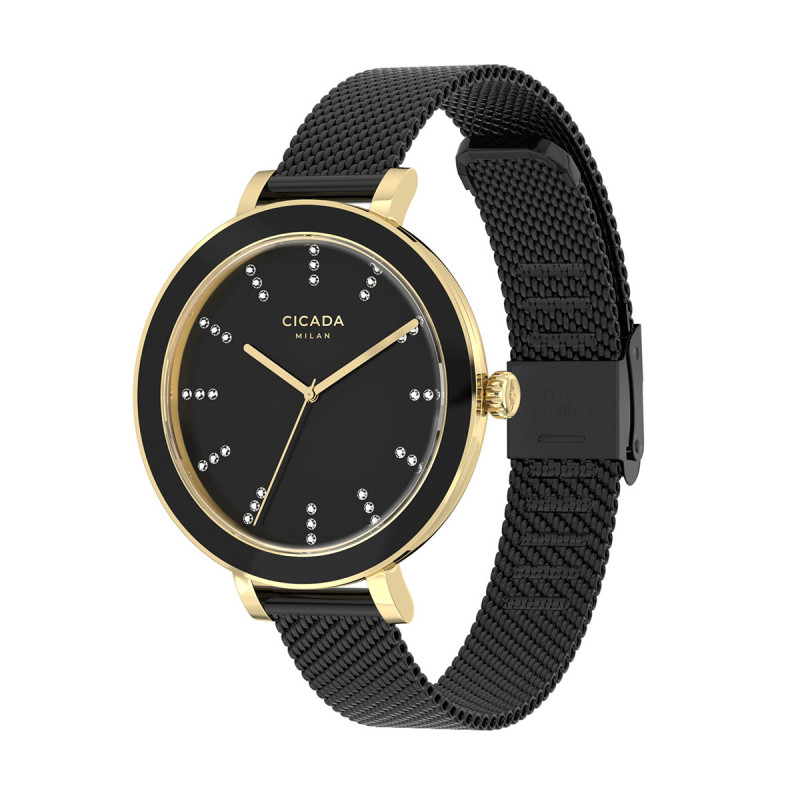 Cicada Milano złoty damski zegarek z kryształkami, czarny mesh G36B06.B2