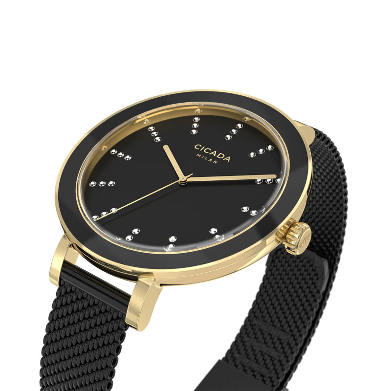 Cicada Milano złoty damski zegarek z kryształkami, czarny mesh G36B06.B2