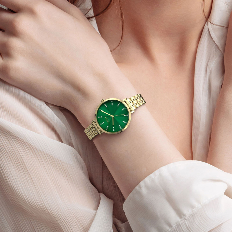 Cicada Milano złoty damski zegarek z zieloną tarczą i kryształkami G34G1B.Z2