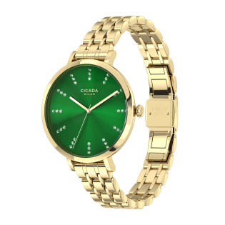 Cicada Milano złoty damski zegarek z zieloną tarczą i kryształkami G34G1B.Z2