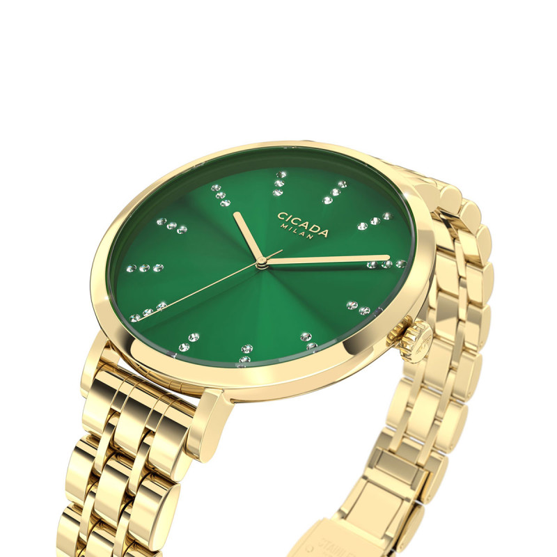 Cicada Milano złoty damski zegarek z zieloną tarczą i kryształkami G34G1B.Z2