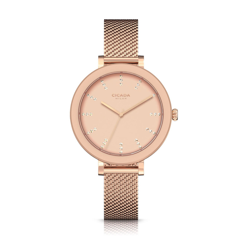 Cicada Milano damski zegarek rose gold z kryształkami mesh L36L06.L2