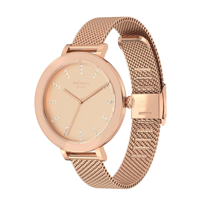 Cicada Milano damski zegarek rose gold z kryształkami mesh L36L06.L2