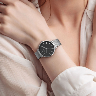 Cicada Milano srebrny zegarek z czarną tarczą mesh S41S10.BS