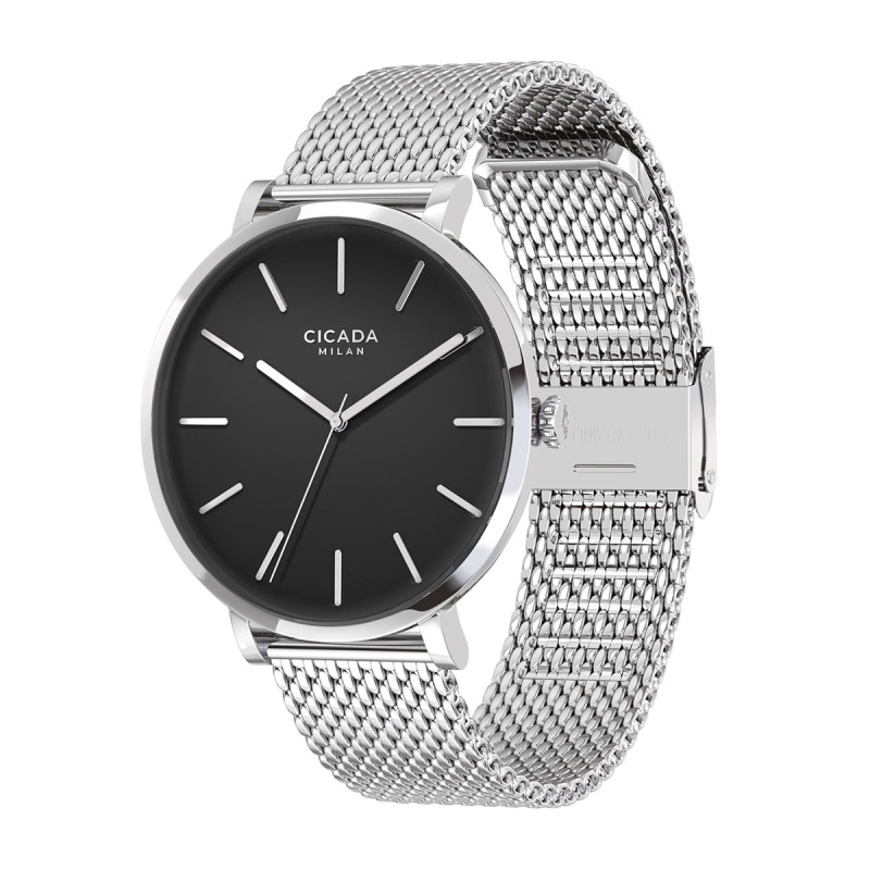 Cicada Milano srebrny zegarek z czarną tarczą mesh S41S10.BS