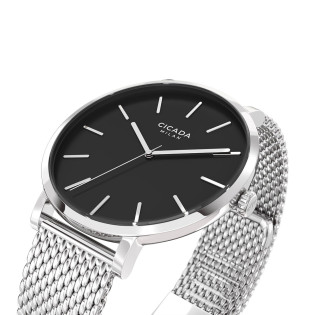 Cicada Milano srebrny zegarek z czarną tarczą mesh S41S10.BS