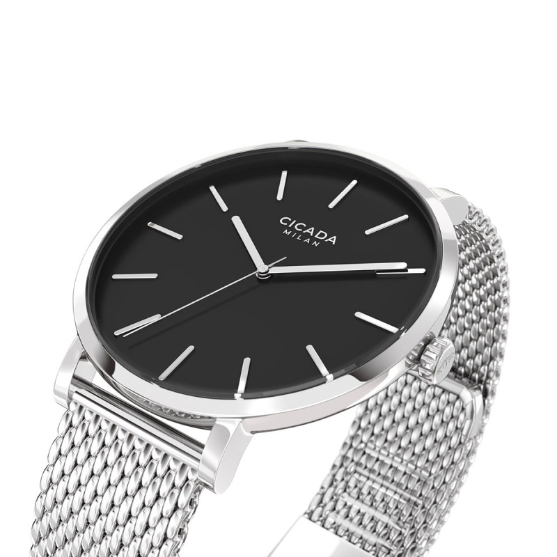 Cicada Milano srebrny zegarek z czarną tarczą mesh S41S10.BS