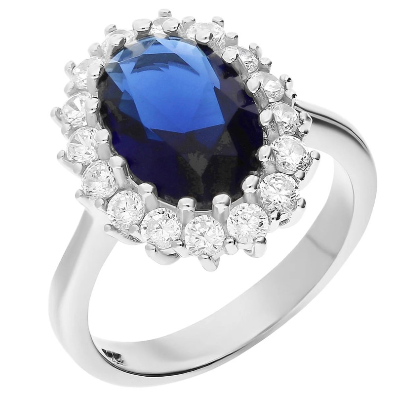 Pierścionek srebrny markiza z szafirową i białymi cyrkoniami próba 925