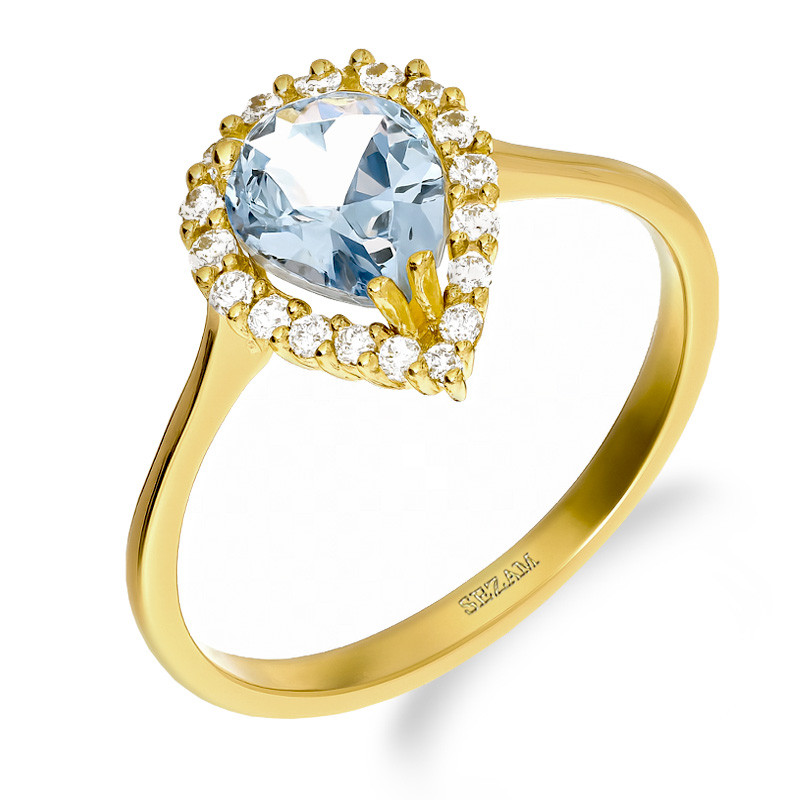 Pierścionek złoty kropla z jasno-niebieską cyrkonią próba 585