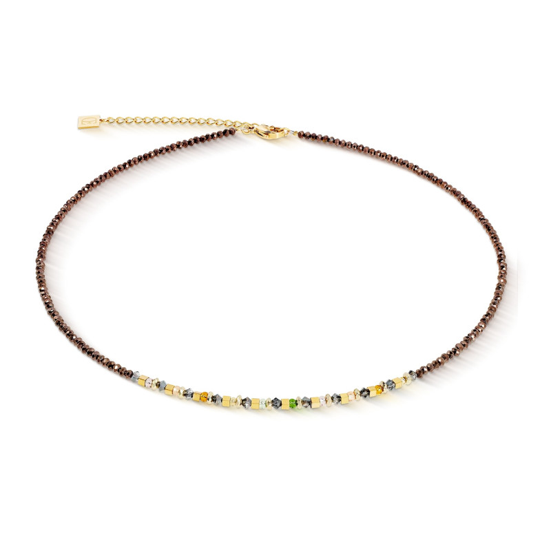 Naszyjnik stalowy Coeur de Lion z kryształami Brown-Olive i szklanymi koralikami