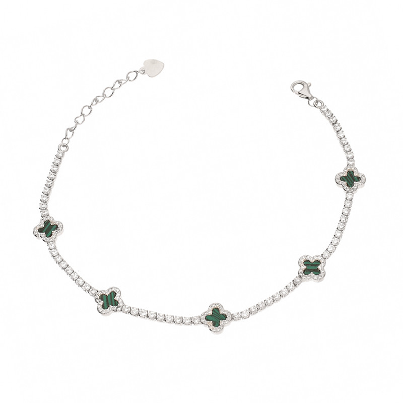 Bransoleta srebrna z koniczynkami z malachitem