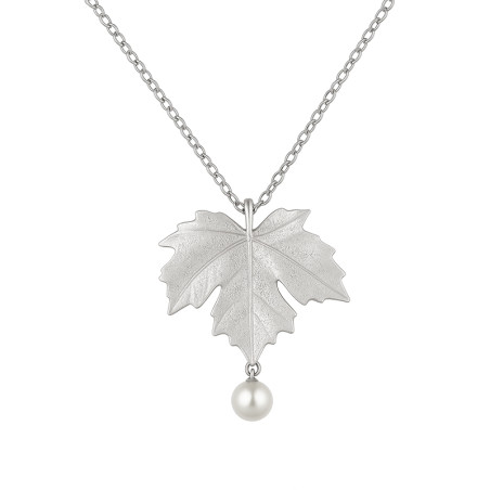 Naszyjnik srebrny matowy liść klonu i perła