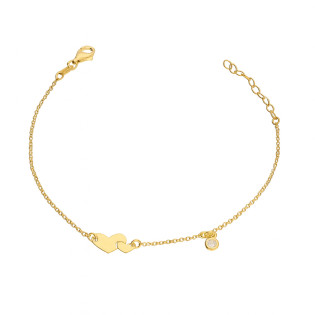 Bransoleta srebrna pozłacana z dwoma sercami i cyrkonią