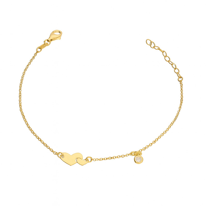 Bransoleta srebrna pozłacana z dwoma sercami i cyrkonią