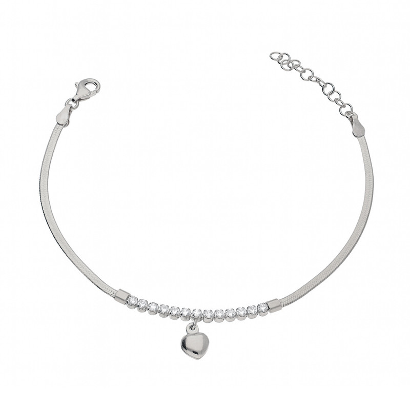 Bransoleta srebrna z białymi cyrkoniami i sercem