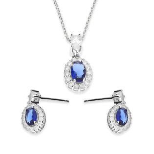 Komplet srebrnej biżuterii kolczyki i naszyjnik markiza owal cyrkonia szafirowa