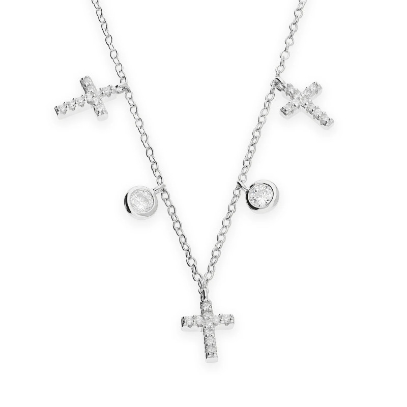 Naszyjnik srebrny z wiszącymi krzyżami i okrągłymi cyrkoniami