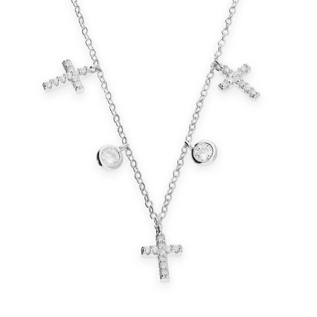 Naszyjnik srebrny z wiszącymi krzyżami i okrągłymi cyrkoniami