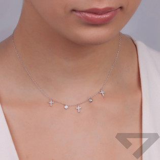 Naszyjnik srebrny z wiszącymi krzyżami i okrągłymi cyrkoniami