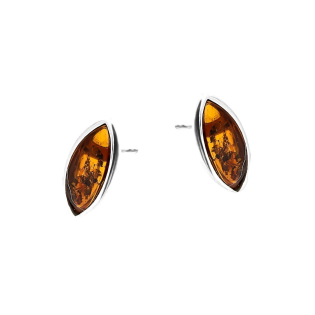 Kolczyki srebrne bursztyn koniakowy w łezce/sztyft MG 154 koniakowy próba 925