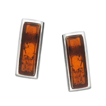 Kolczyki srebrne bursztyn koniakowy w prostokątnej formie
